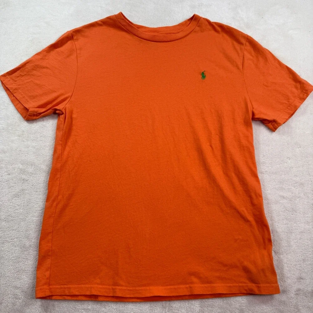 Polo Ralph‎ Lauren Kids Orange Cotton Crew Neck T-Shirt Size L 14-16 Green Pony